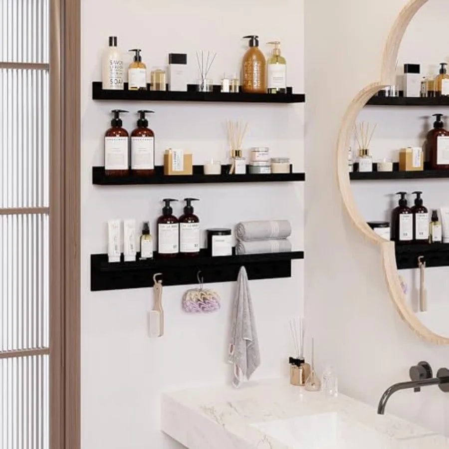 Floating Wooden Wall Shelves Nursery Floating Bookshelf for Room Wall Mount Book Shelves with Hooks for Livg Room Bedroom Bathr