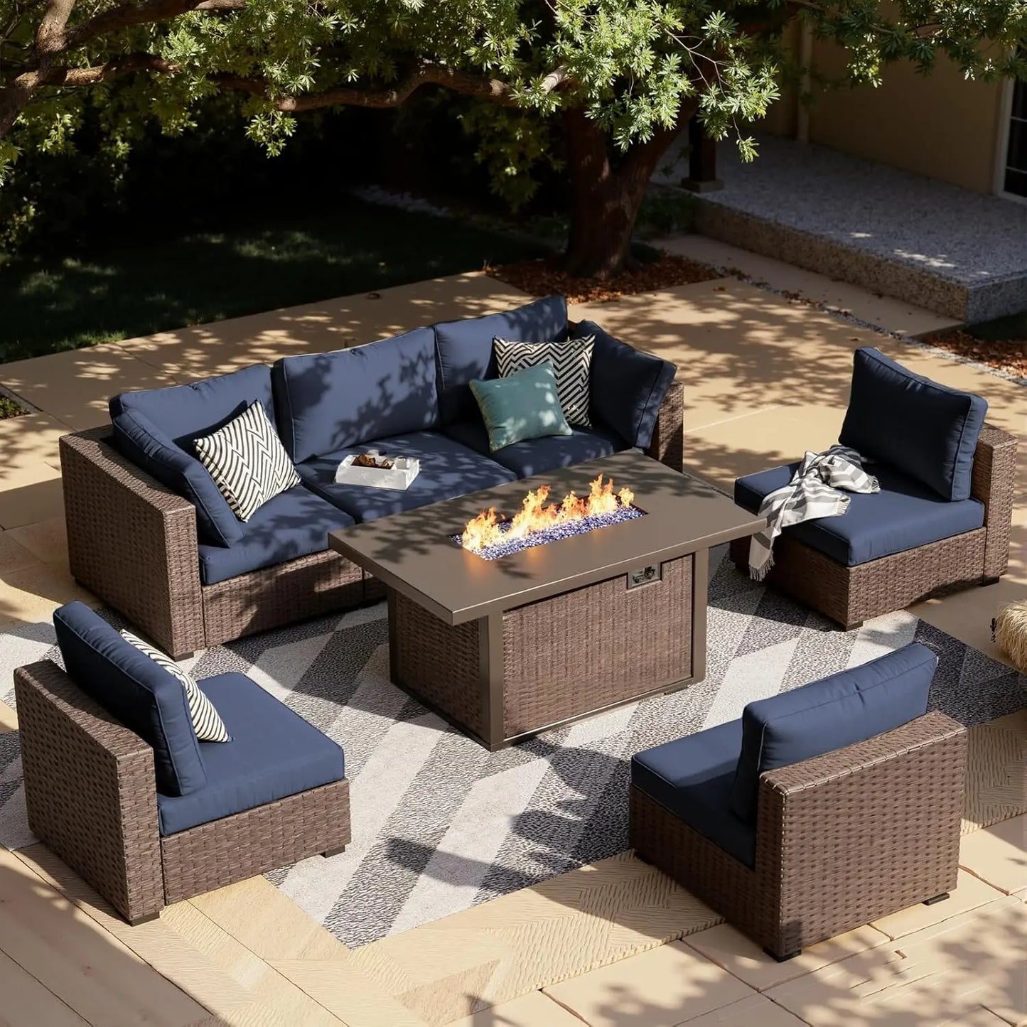 XIAOLANG 7 Piece Outdoor Patio Furniture Set With Propane Firepit Table