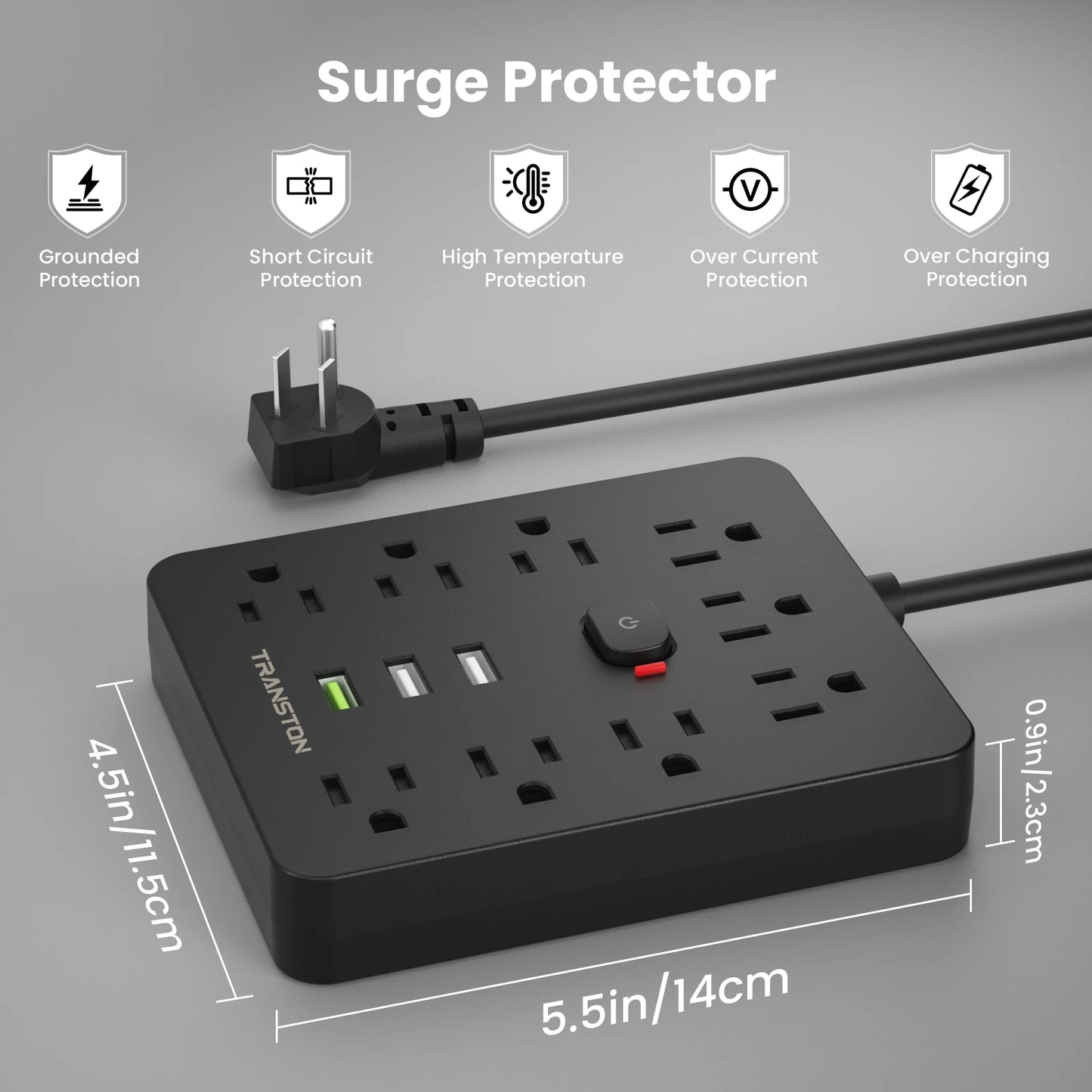Power Strip With Surge Protector, 9 Outlets, USB Ports