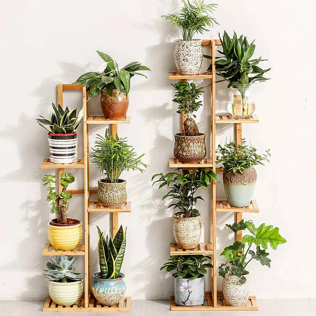Six-Tier Bamboo Plant Stand Shelf For Indoor Outdoor Display