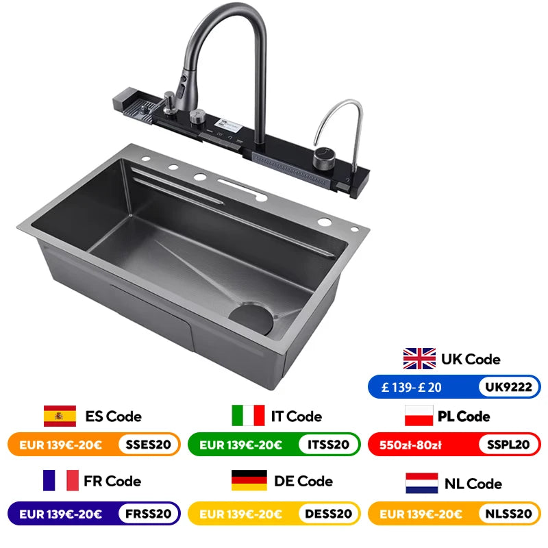 304 Stainless Steel Waterfall Kitchen Sink Large Single Slot Integrated Digital Display Faucet Set Soap Dispenser Cup Washer