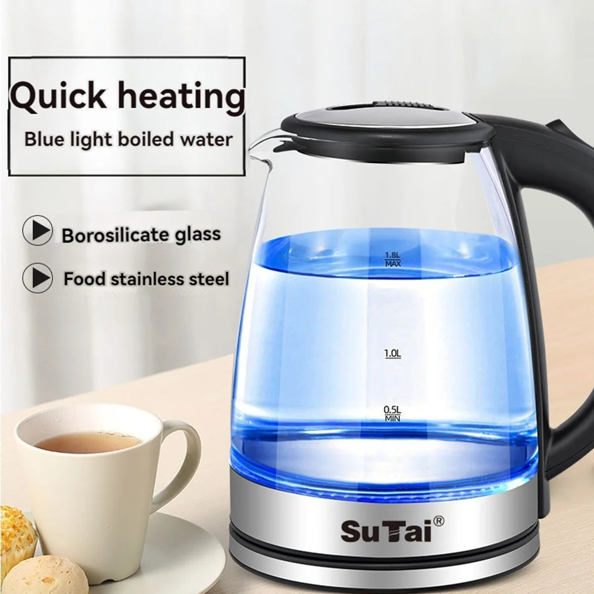 Electric Glass Water Kettle With Auto Shutoff And LED Light