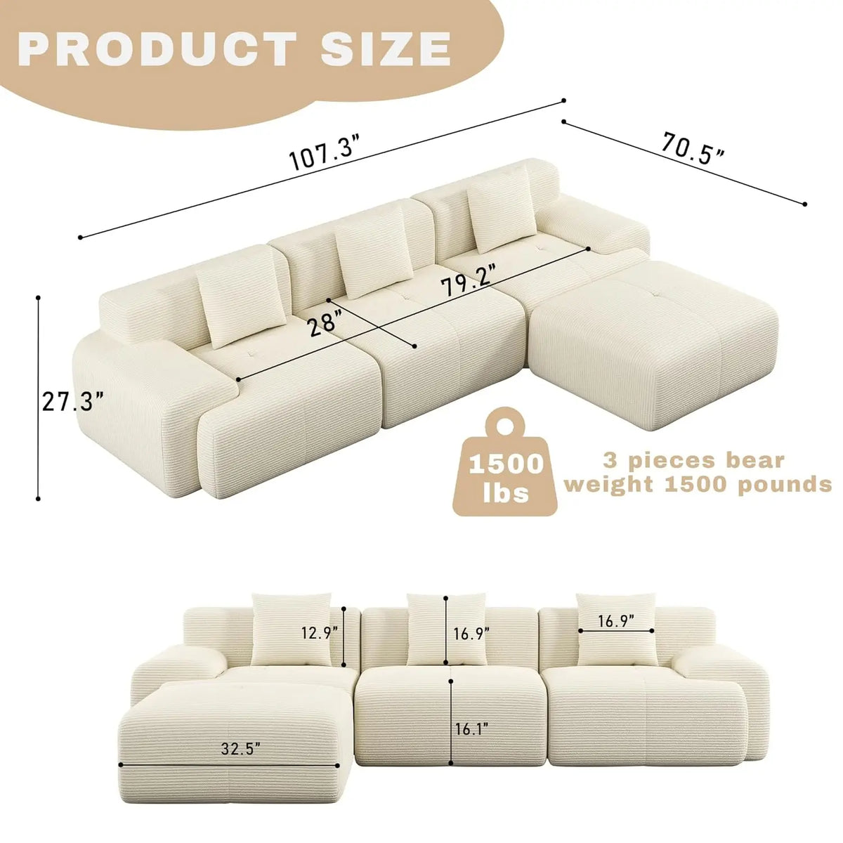 Modular Sectional Sofa With Ottoman, Deep Seat Living Room Furniture