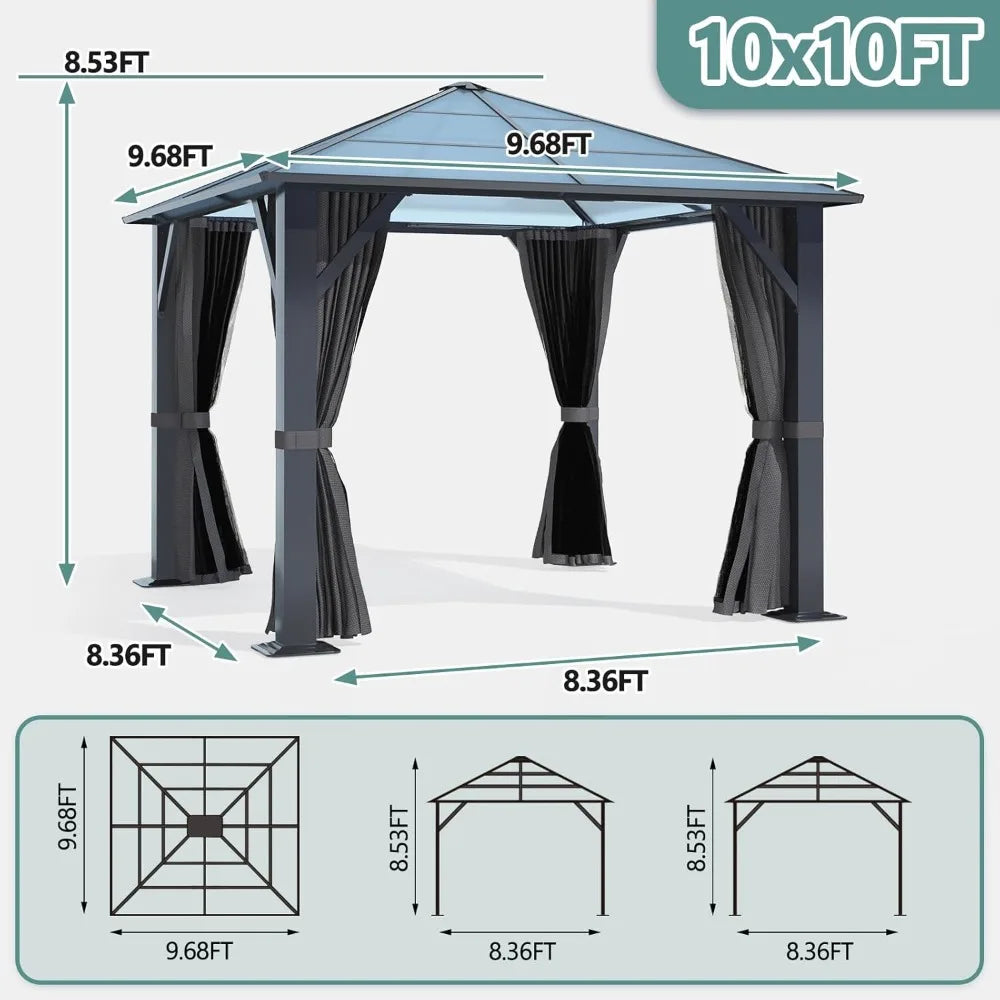 10'x10' Hardtop Gazebo, Outdoor Polycarbonate Roof Gazebo, Heavy Duty Metal Permanent Pavilion with Curtains & Netting