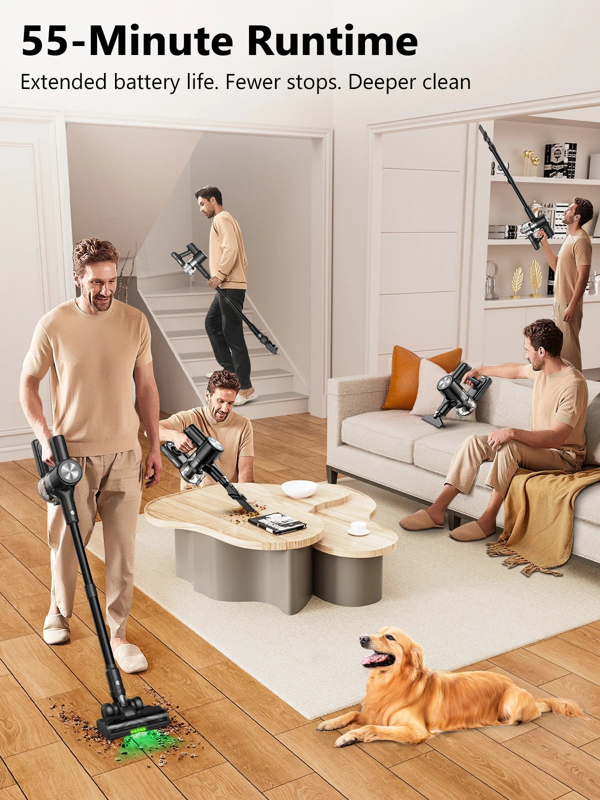 SUXIANGVAC Cordless Vacuum Cleaner 55KPa Suction 55 Minute Run Time