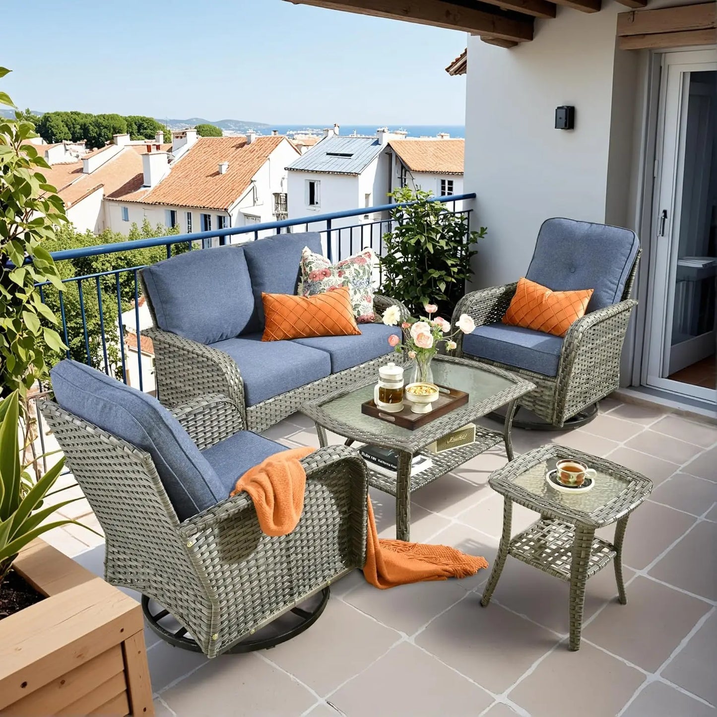 All Weather Wicker Patio Conversation Set 5 Piece Swivel Rocking Chairs Table