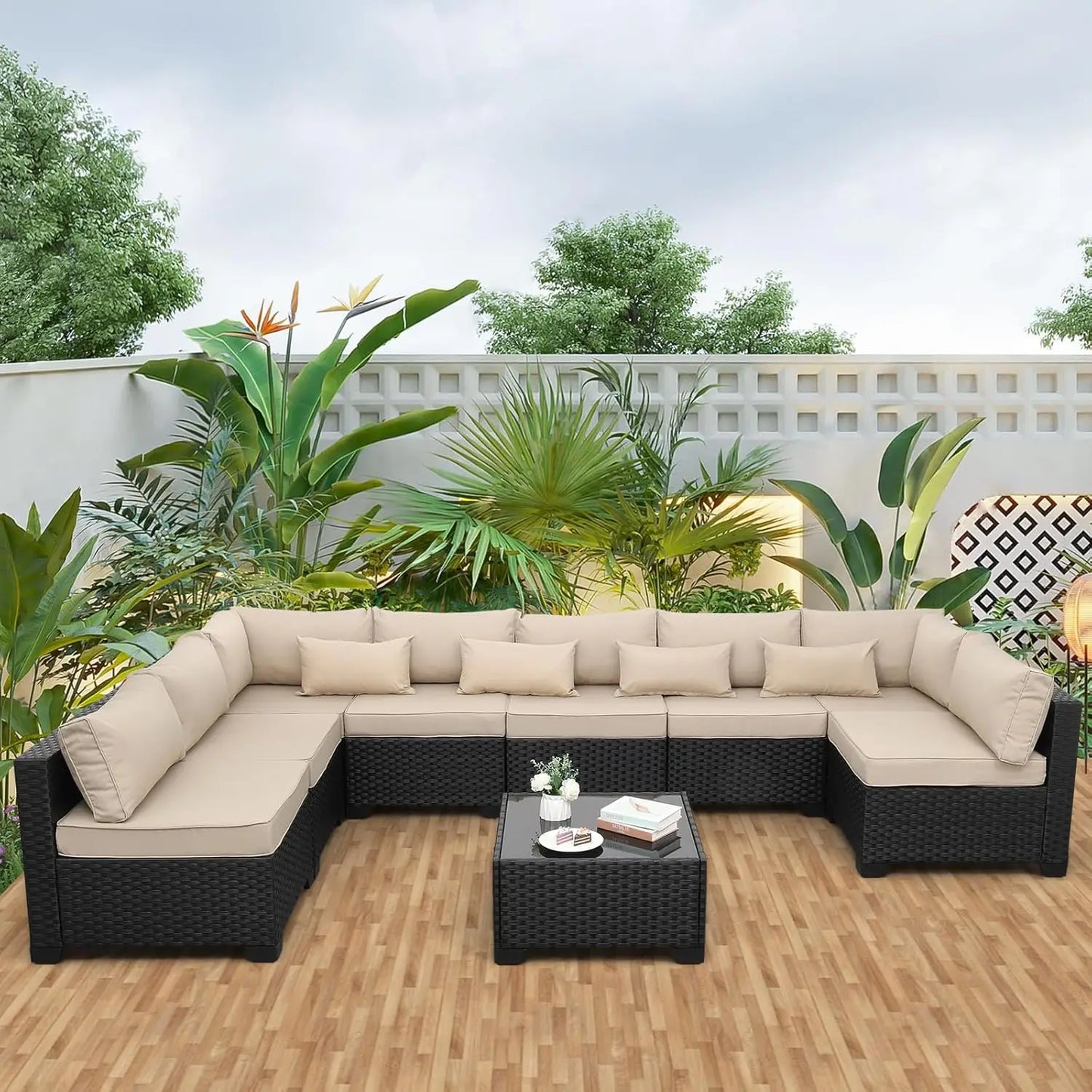 XIAOLANG Outdoor Sectional Wicker Patio Set With Glass Table