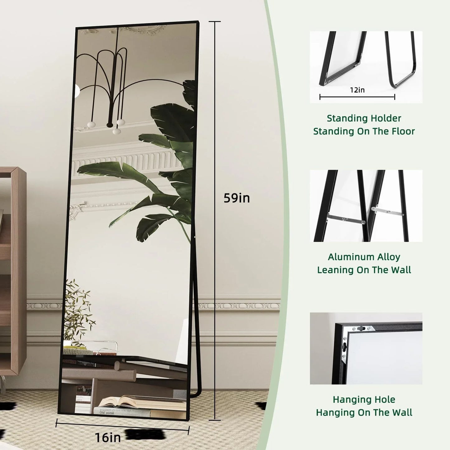 Black Full Length Mirror with Stand Wall Mounted Full Body Mirror for Home Fitness And Wardrobe 4mm HD Tempered Glass