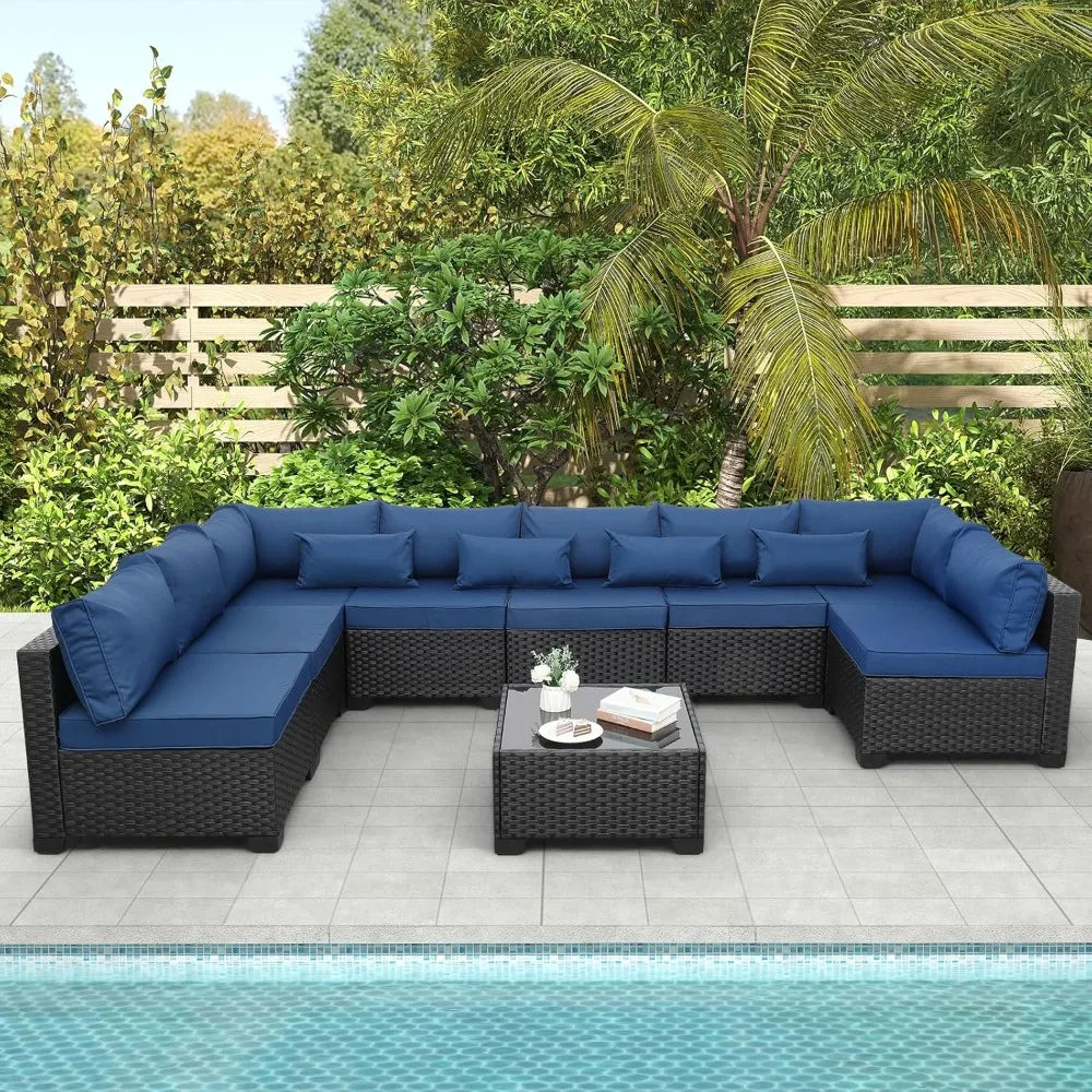 XIAOLANG Outdoor Sectional Wicker Patio Set With Glass Table
