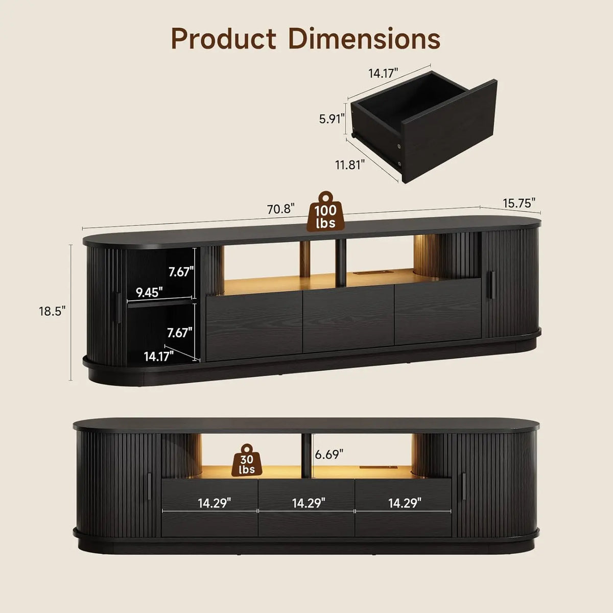 ONBRILL Modern TV Stand With Power Outlet And LED Lights