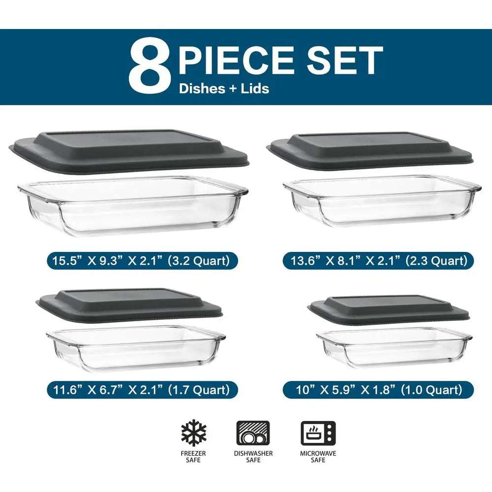 8-Piece Deep Glass Bakeware Set With Lids For Oven Safe And Microwave Safe
