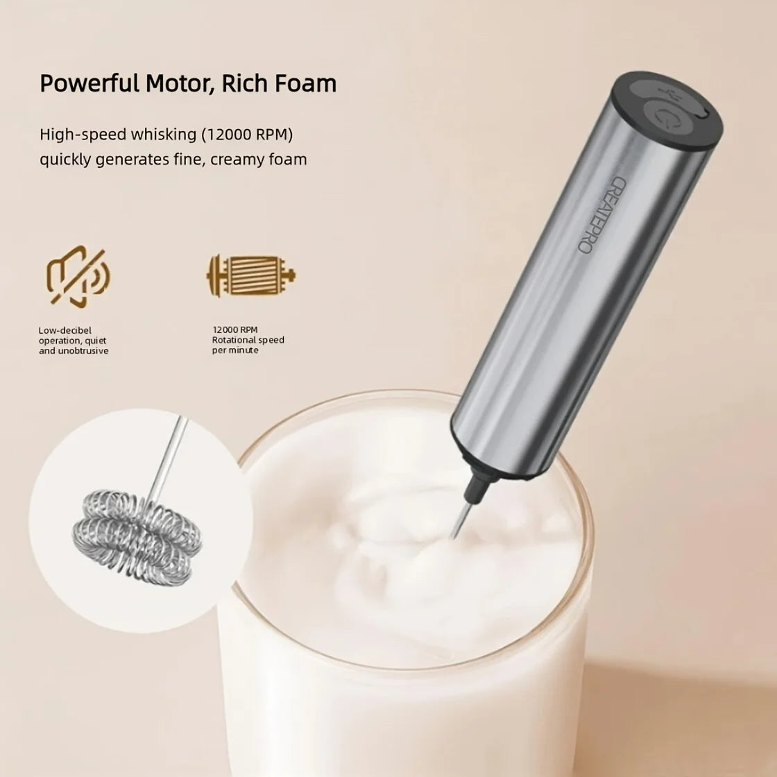 Rechargeable Stainless Steel Milk Frother With Two Speed Settings