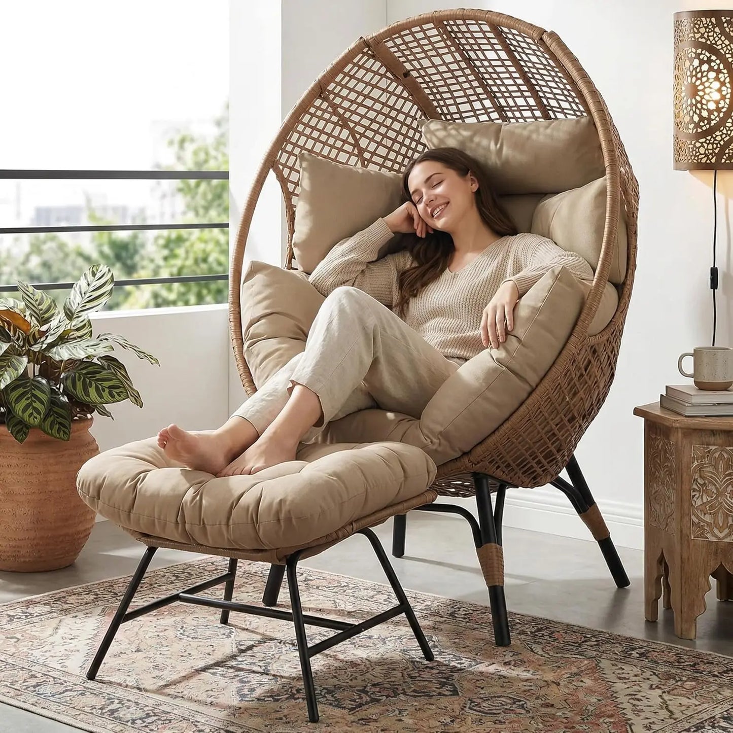 Rattan Egg Chair With Ottoman For Indoor Outdoor Use