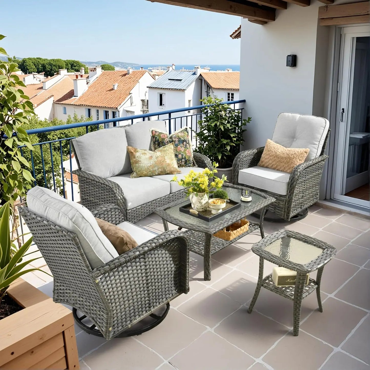 All Weather Wicker Patio Conversation Set 5 Piece Swivel Rocking Chairs Table