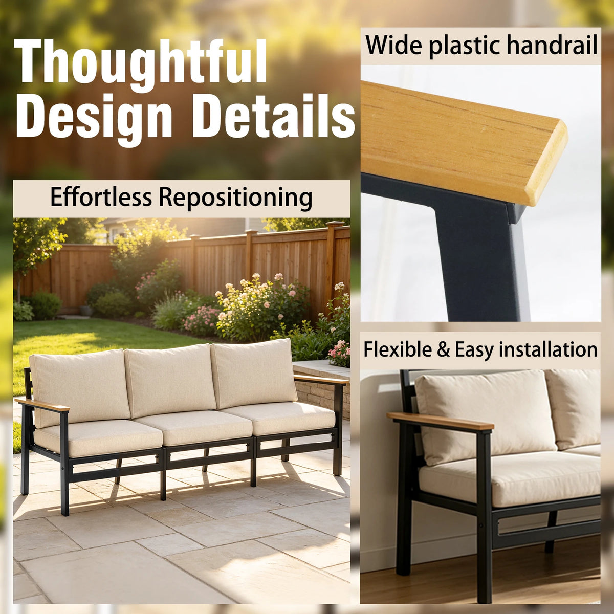 Avenvista Modern Metal Outdoor Patio Sofa With Armrests