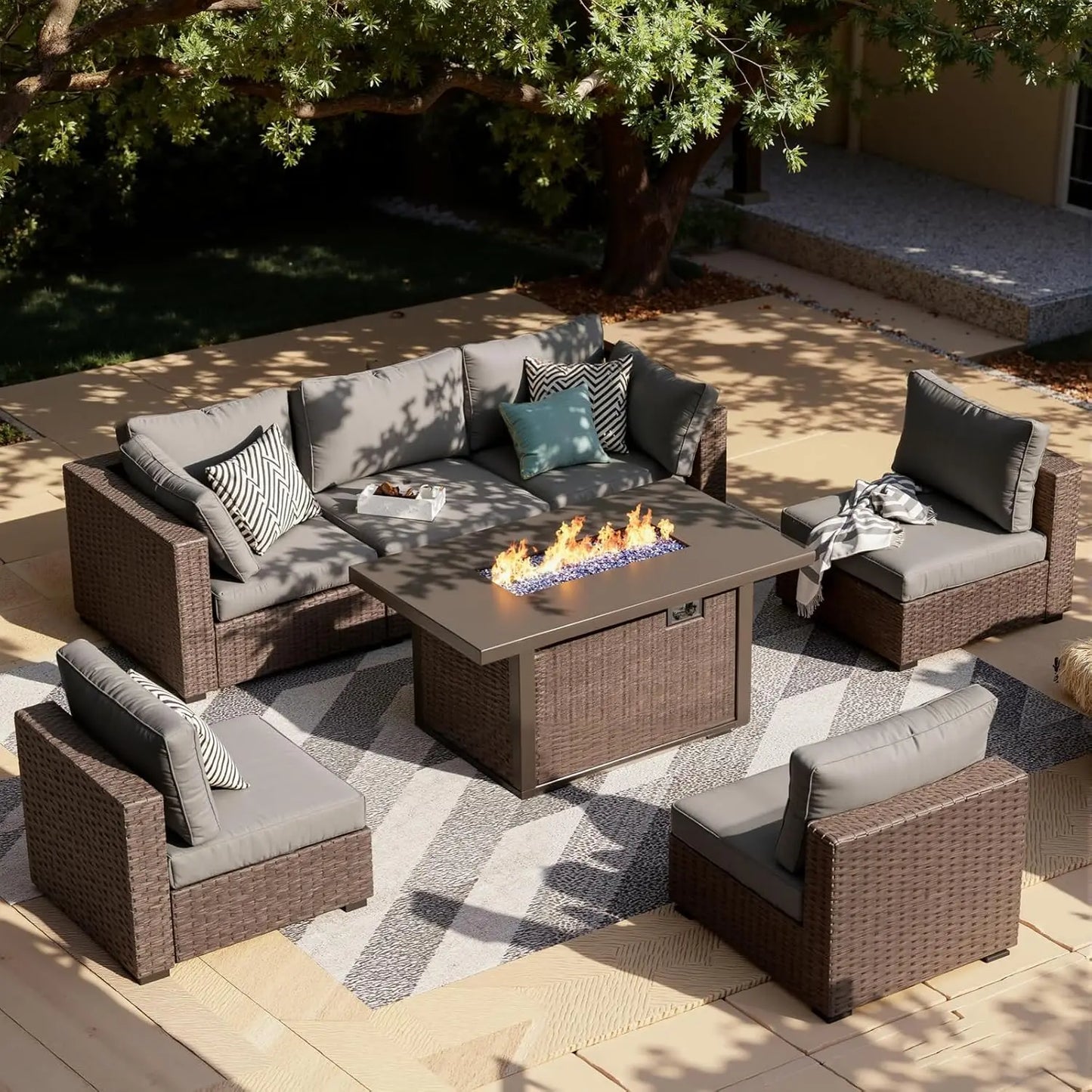 XIAOLANG 7 Piece Outdoor Patio Furniture Set With Propane Firepit Table