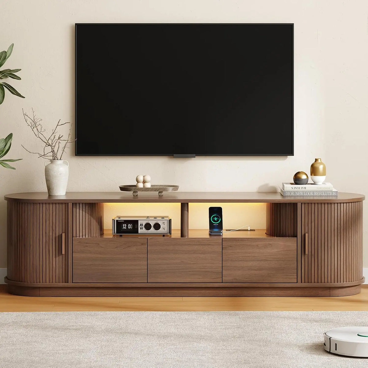 ONBRILL Modern TV Stand With Power Outlet And LED Lights