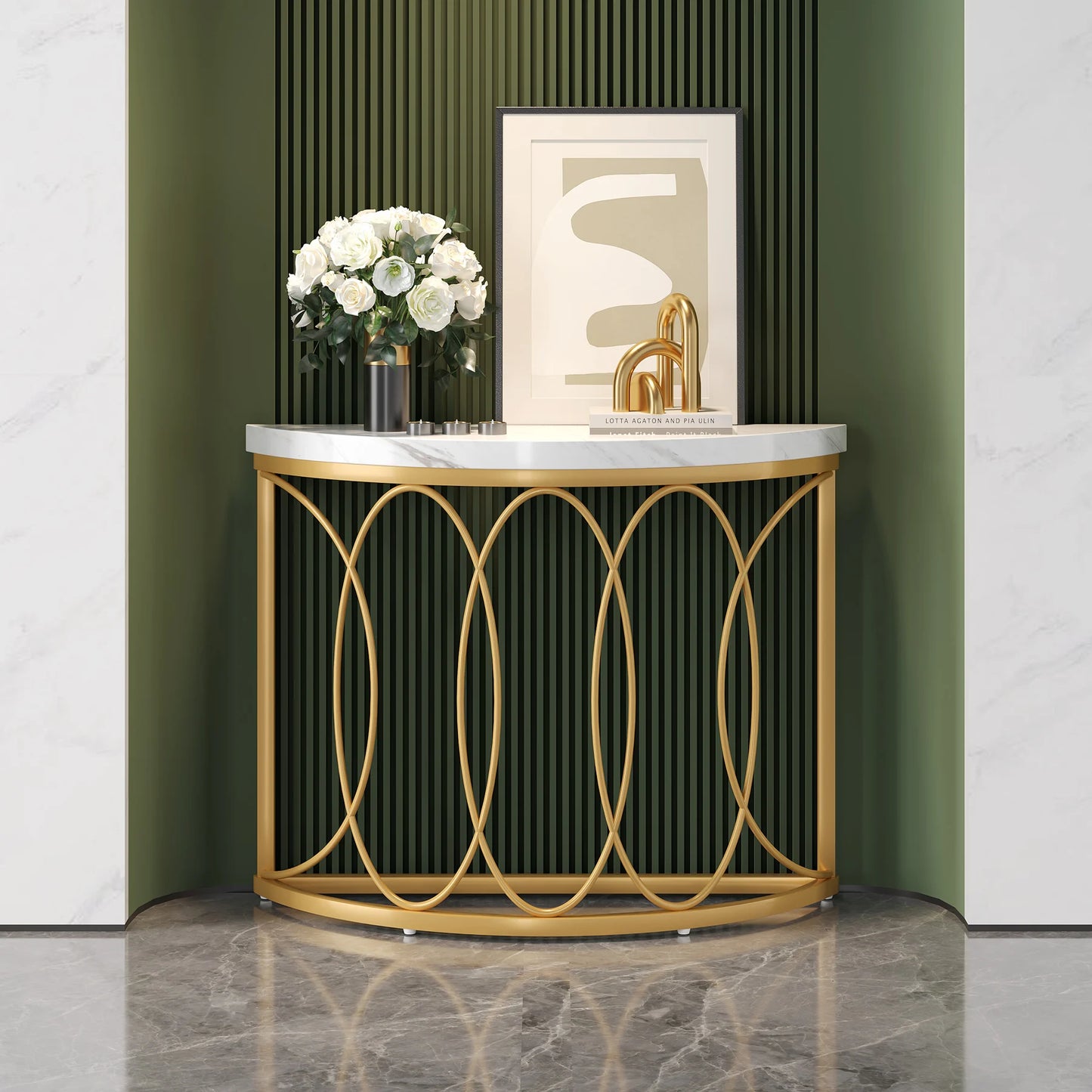 Tribesigns Half Moon Gold Console Table, 43" Modern Entryway Table, Narrow Semi Circle Sofa Table with Geometric Metal Frame
