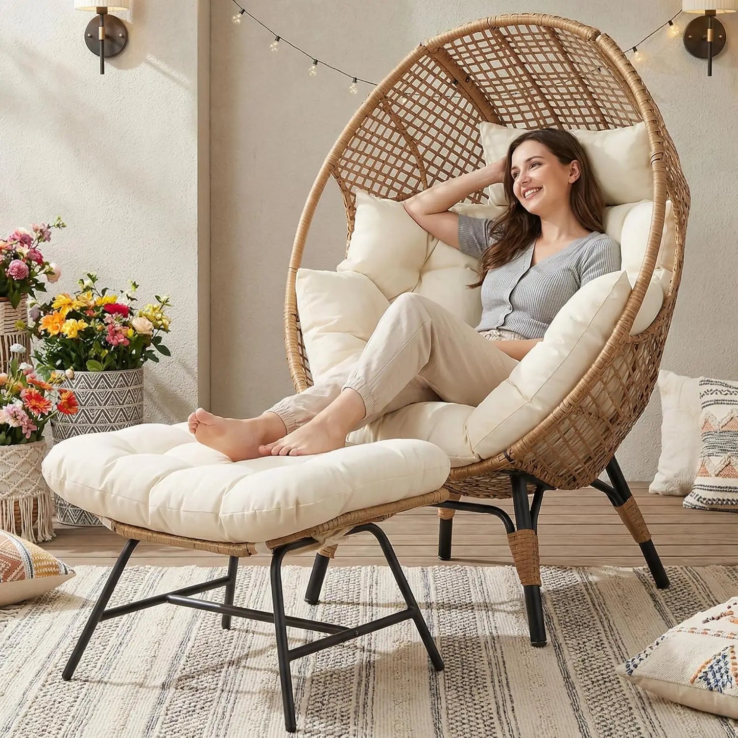 Rattan Egg Chair With Ottoman For Indoor Outdoor Use
