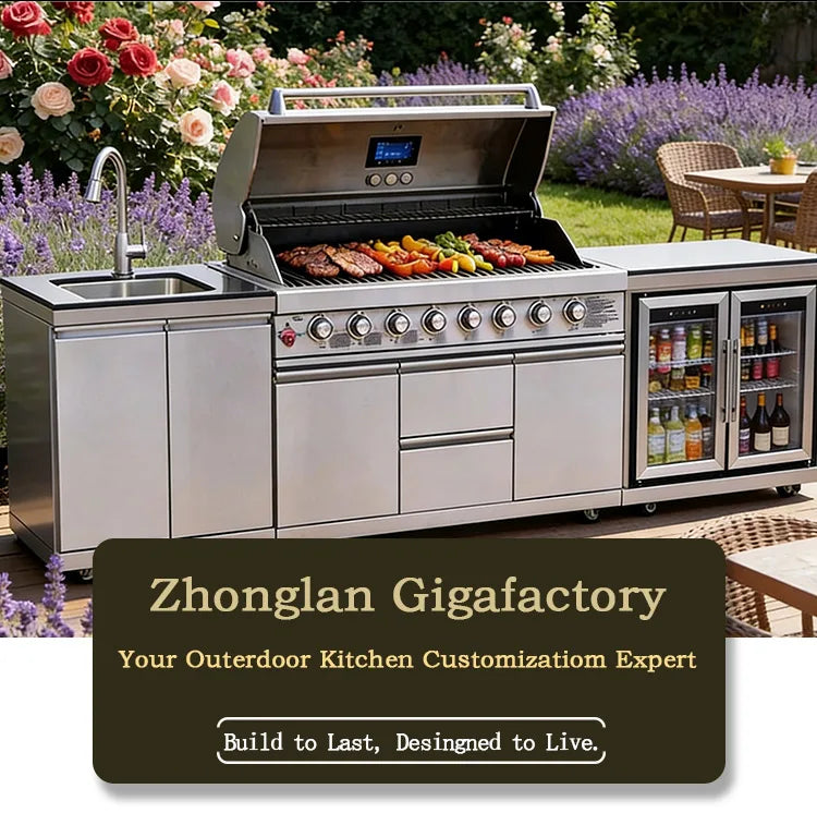 Stainless Steel Outdoor Kitchen BBQ Grill Cooktop Sink With Fridge