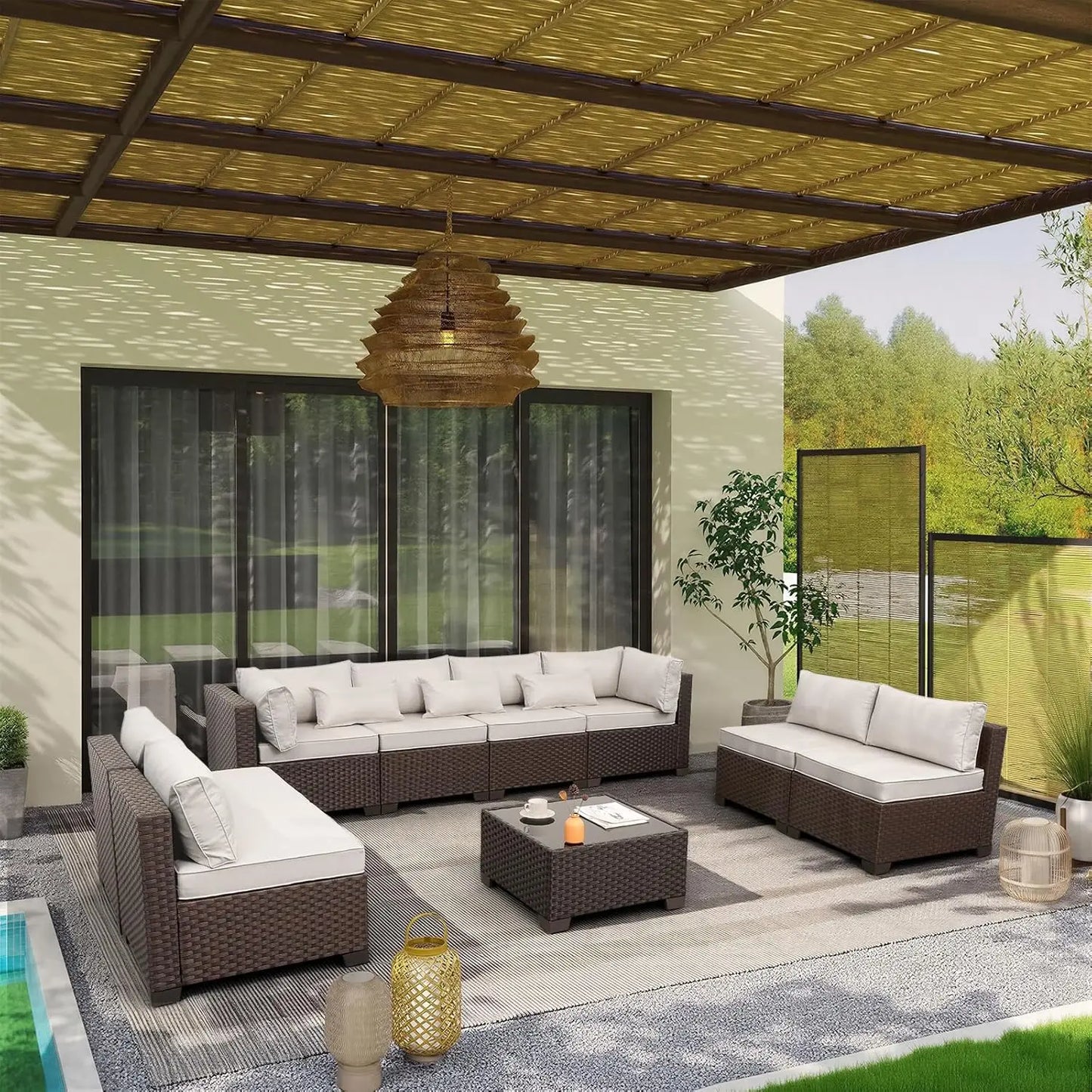 XIAOLANG Outdoor Sectional Wicker Patio Set With Glass Table