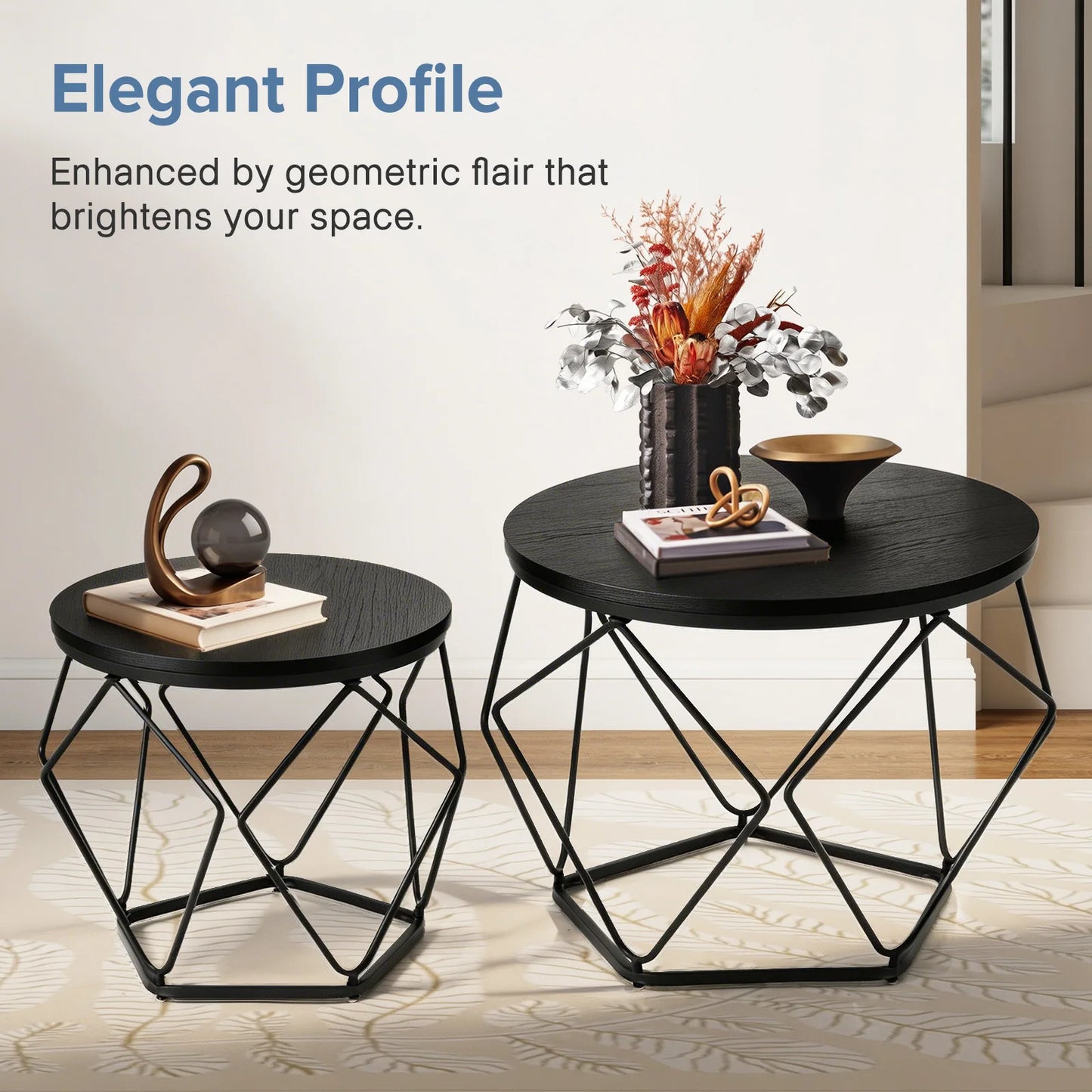 JHK Round Geometric Coffee Tables Set Of 2 With Storage