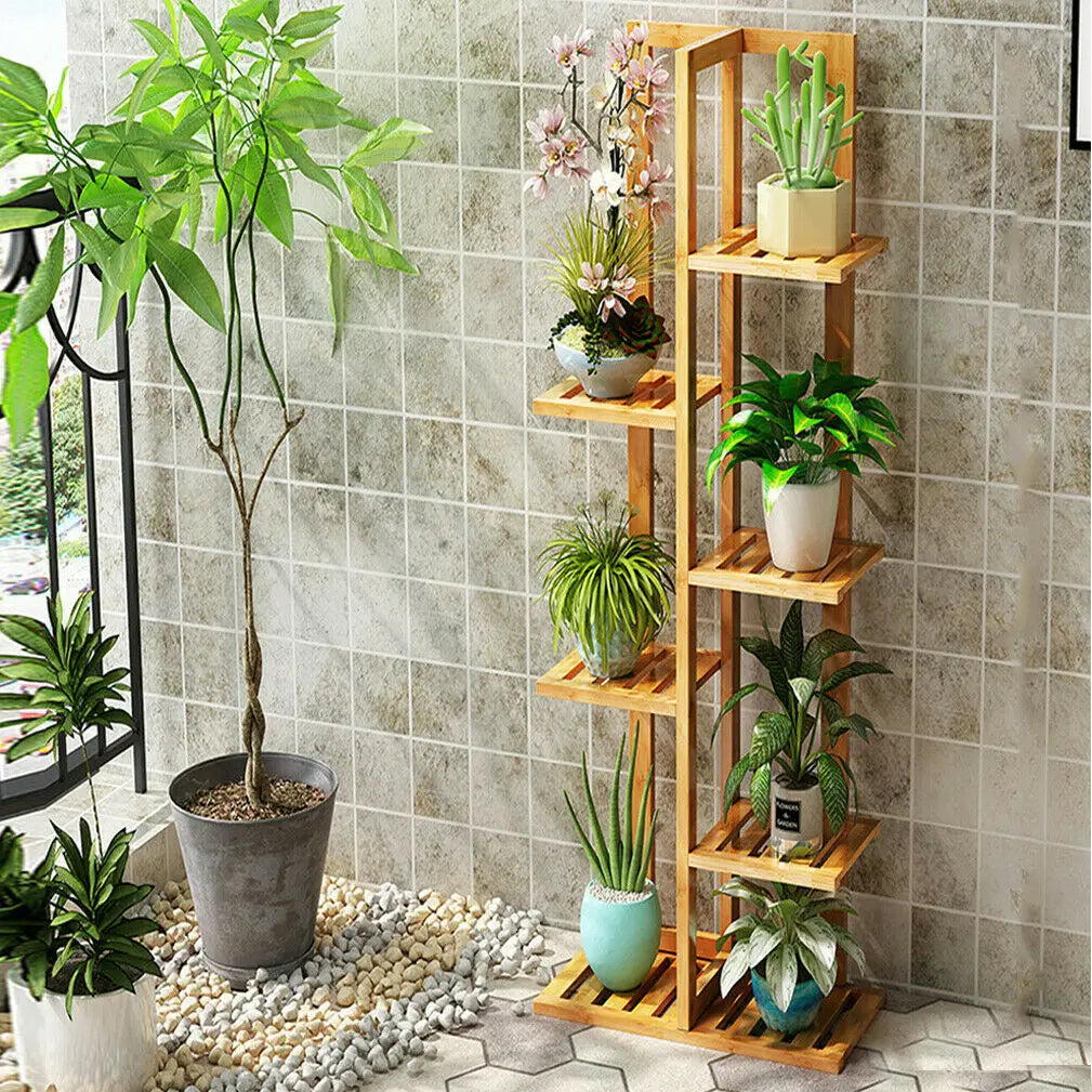 Six-Tier Bamboo Plant Stand Shelf For Indoor Outdoor Display