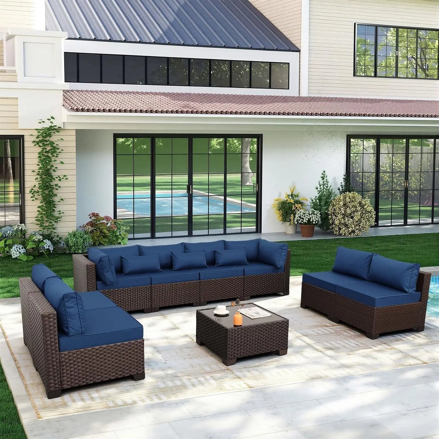 XIAOLANG Outdoor Sectional Wicker Patio Set With Glass Table