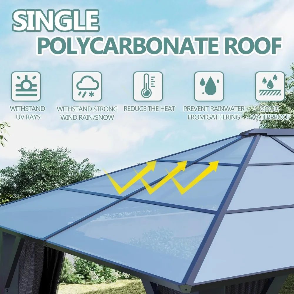 10'x10' Hardtop Gazebo, Outdoor Polycarbonate Roof Gazebo, Heavy Duty Metal Permanent Pavilion with Curtains & Netting