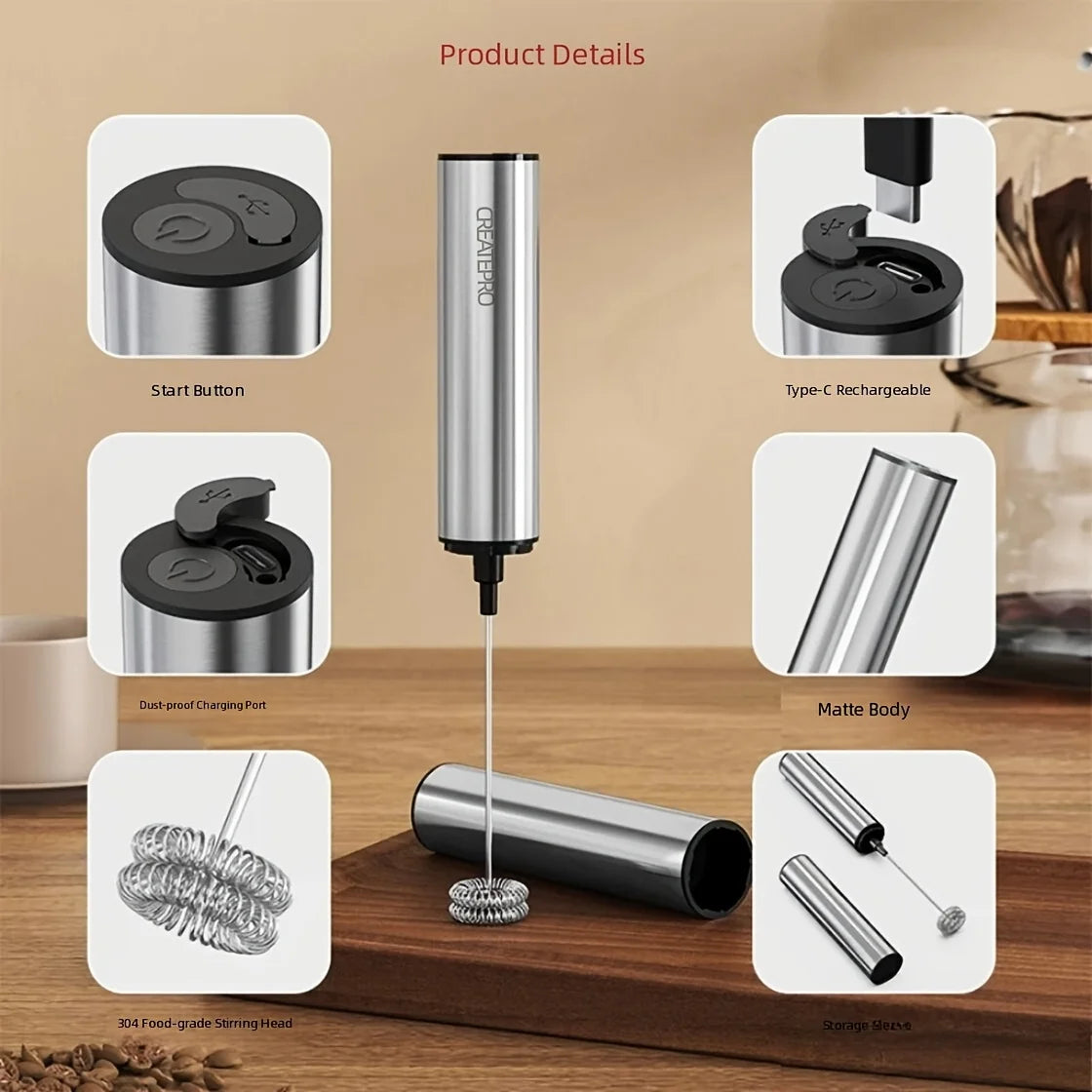 Rechargeable Stainless Steel Milk Frother With Two Speed Settings