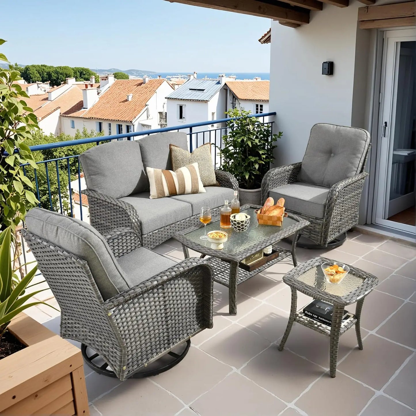 All Weather Wicker Patio Conversation Set 5 Piece Swivel Rocking Chairs Table