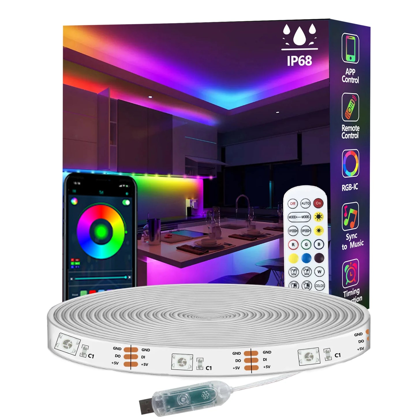 WS2812 RGB LED Strip Lights IP68 USB Powered Music Sync