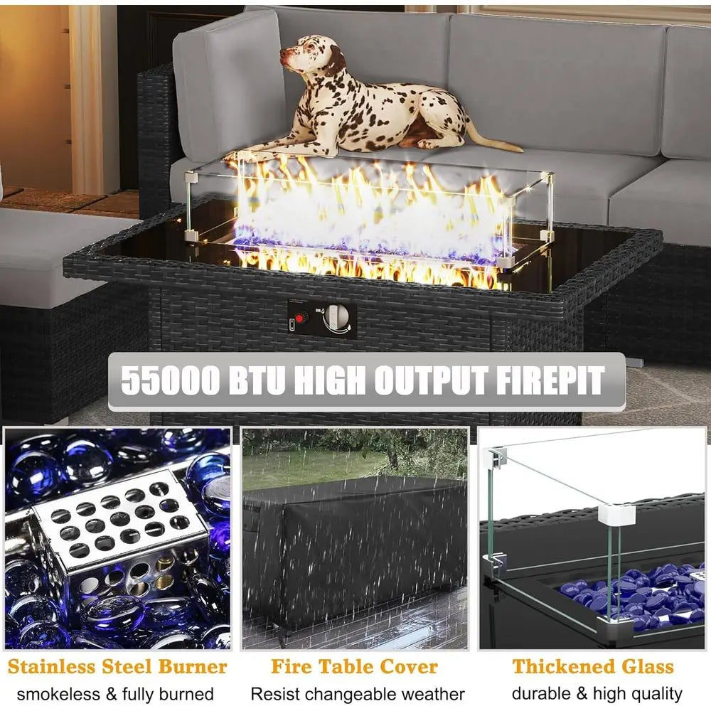 Outdoor Patio Furniture Set With Fire Pit Wicker Rattan Sofa
