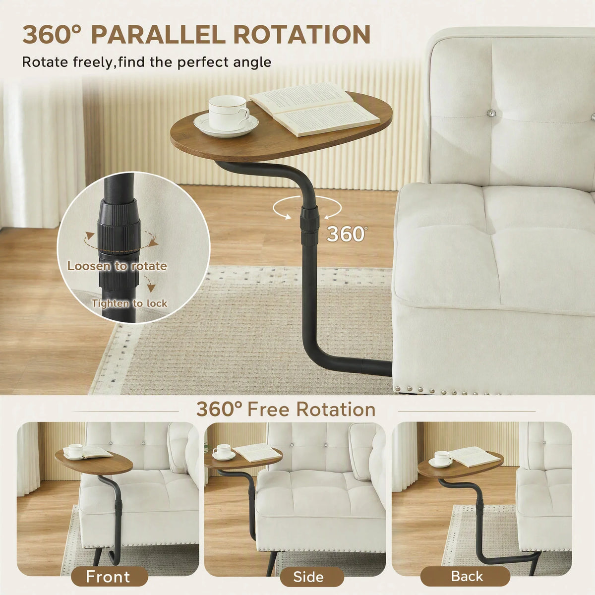 Modern Velvet Sofa With Backrest And Rotating Side Table