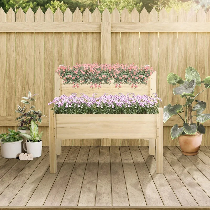 Two Tier Raised Wood Garden Bed for Vegetables and Herbs