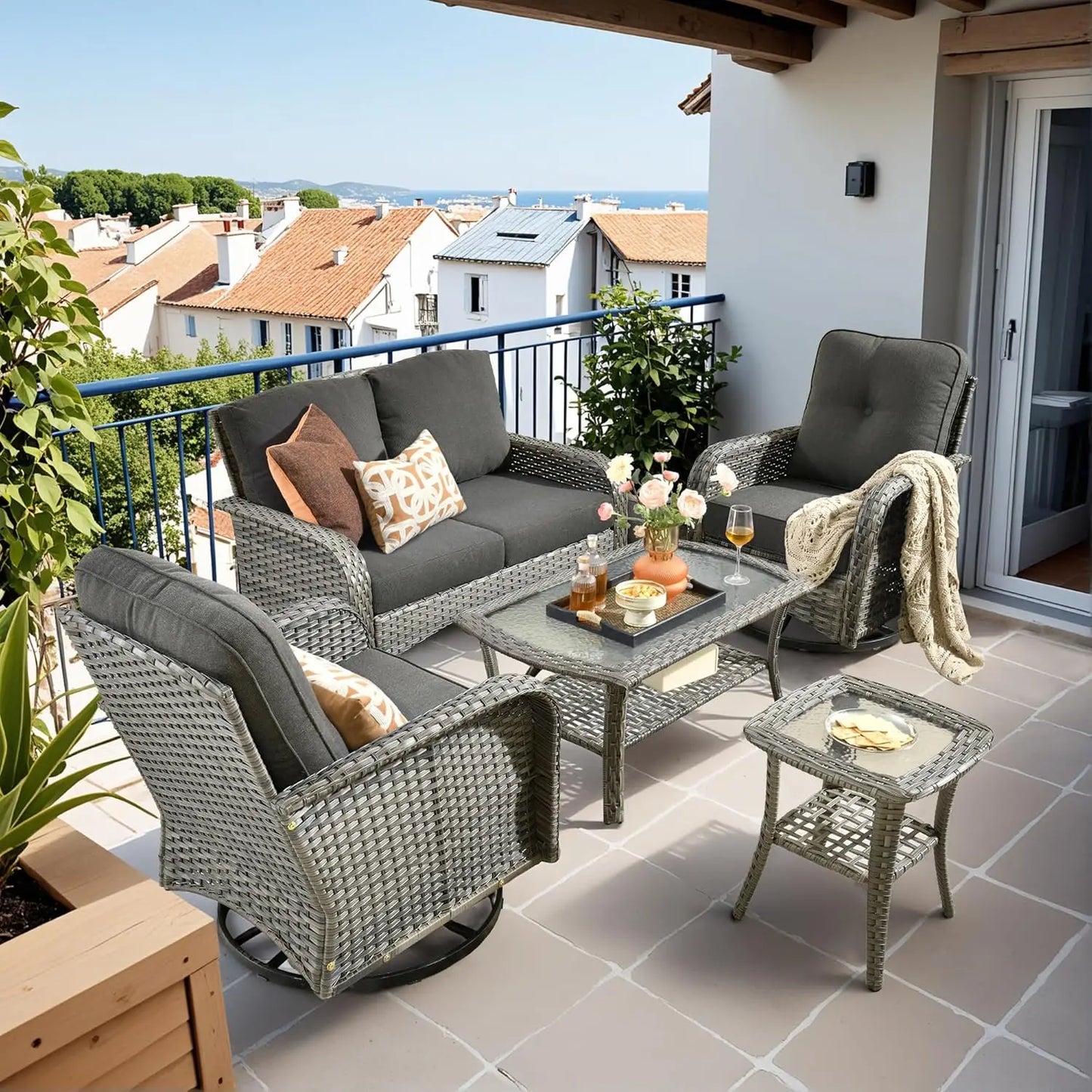 All Weather Wicker Patio Conversation Set 5 Piece Swivel Rocking Chairs Table