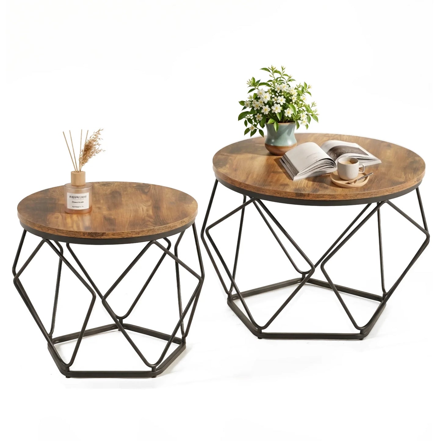 JHK Round Geometric Coffee Tables Set Of 2 With Storage
