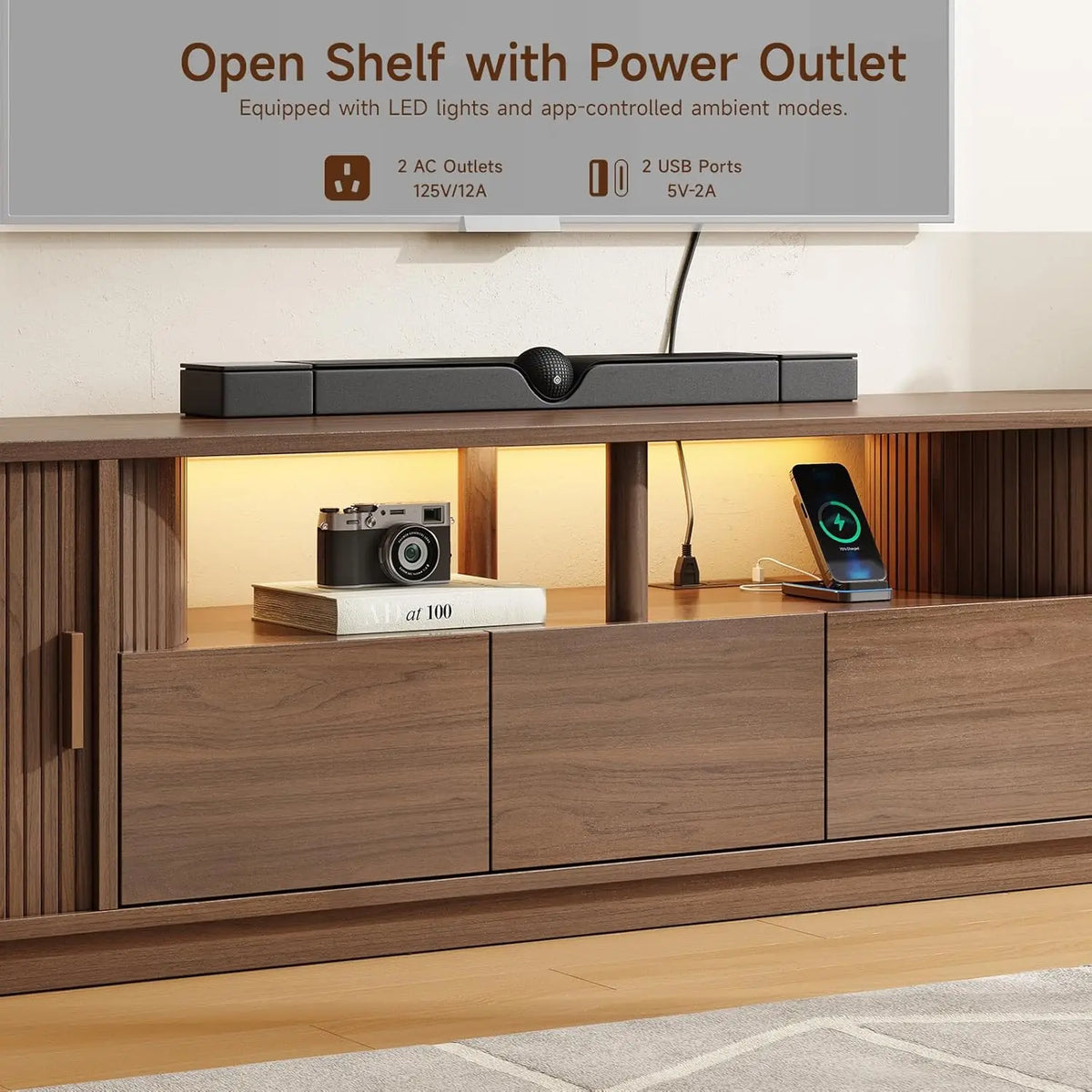 ONBRILL Modern TV Stand With Power Outlet And LED Lights