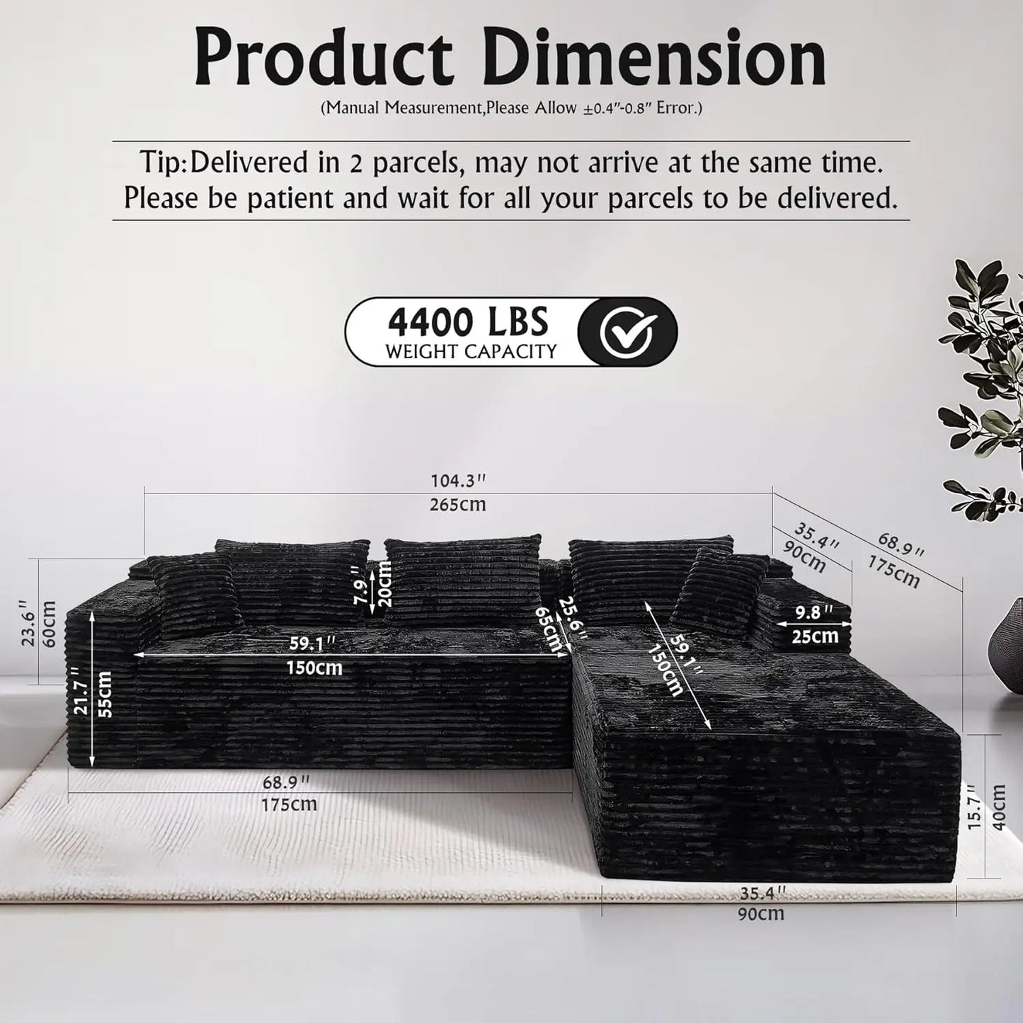 Cloud Sectional Sofa With L Shaped Chaise Modern Corduroy Couch