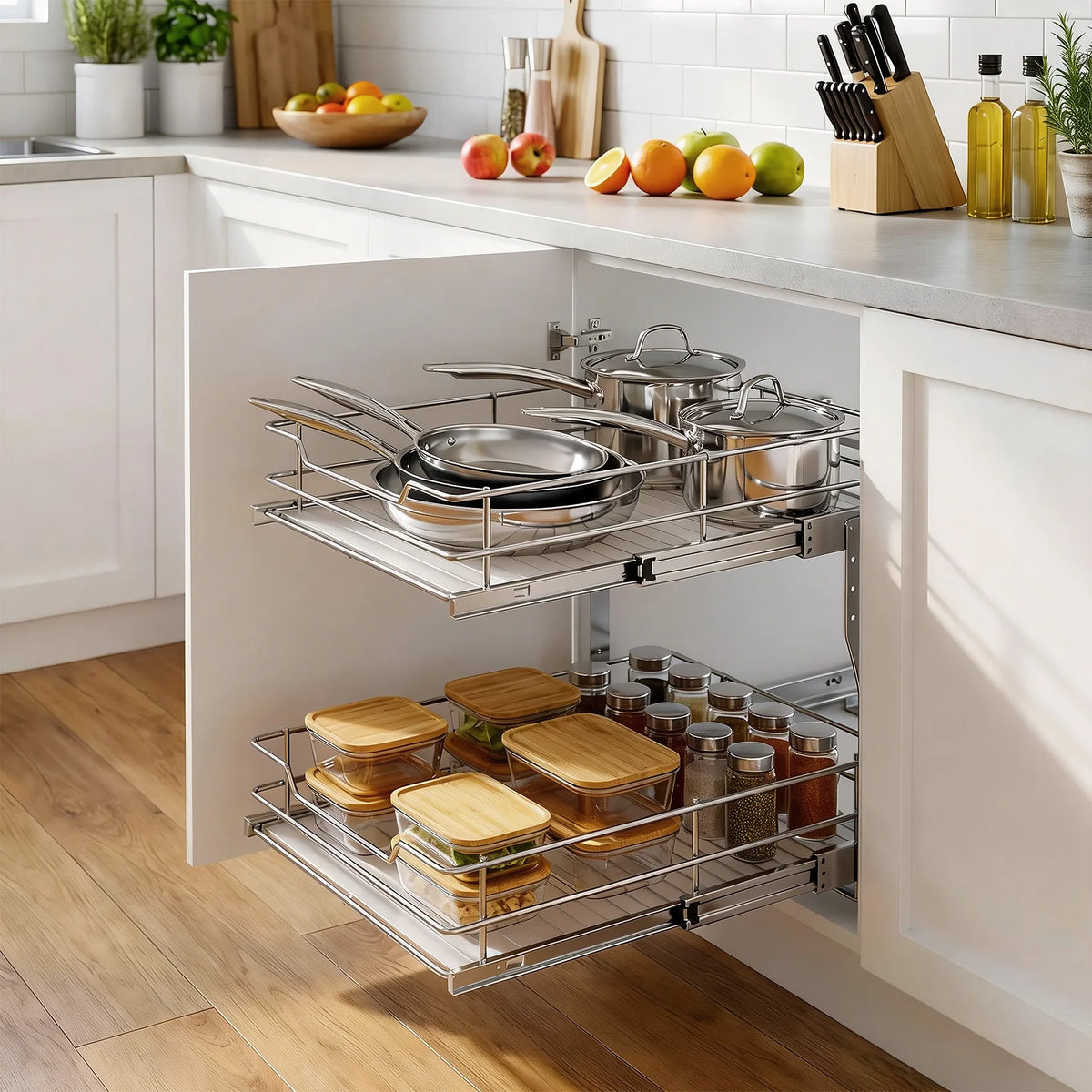 HiMISS Two Tier Pull Out Cabinet Organizer Sliding Shelf for Kitchens
