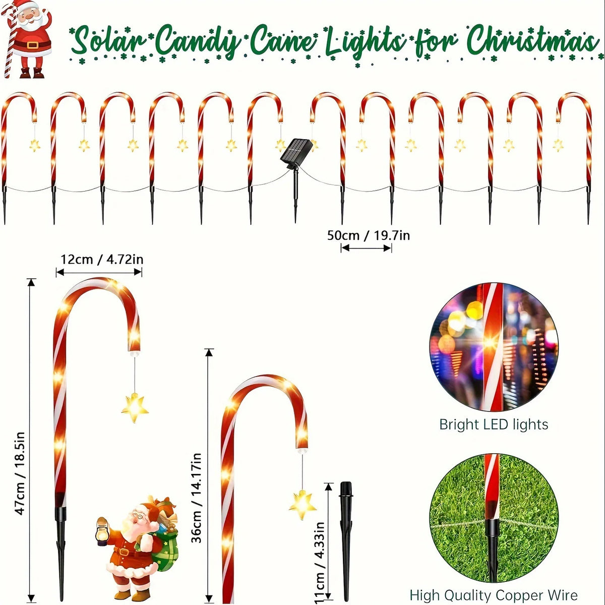 Solar Powered Garden Candy Cane Lights Waterproof Outdoor Decor