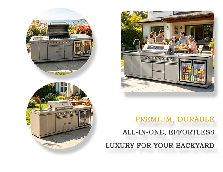 Stainless Steel Outdoor Kitchen BBQ Grill Cooktop Sink With Fridge