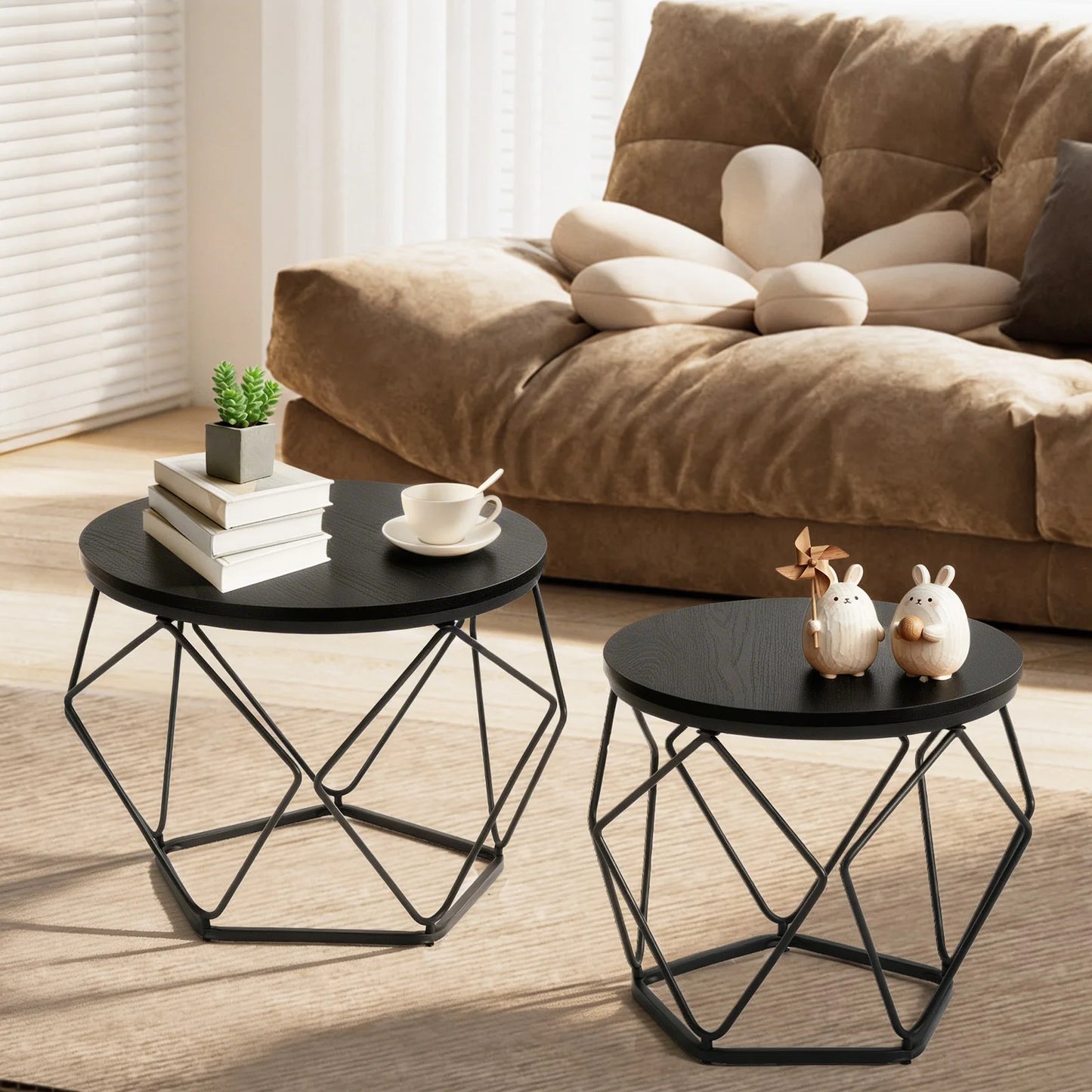 JHK Round Geometric Coffee Tables Set Of 2 With Storage