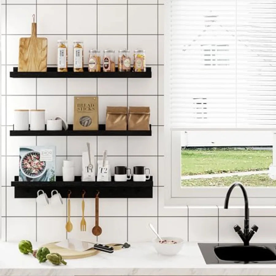 Floating Wooden Wall Shelves Nursery Floating Bookshelf for Room Wall Mount Book Shelves with Hooks for Livg Room Bedroom Bathr