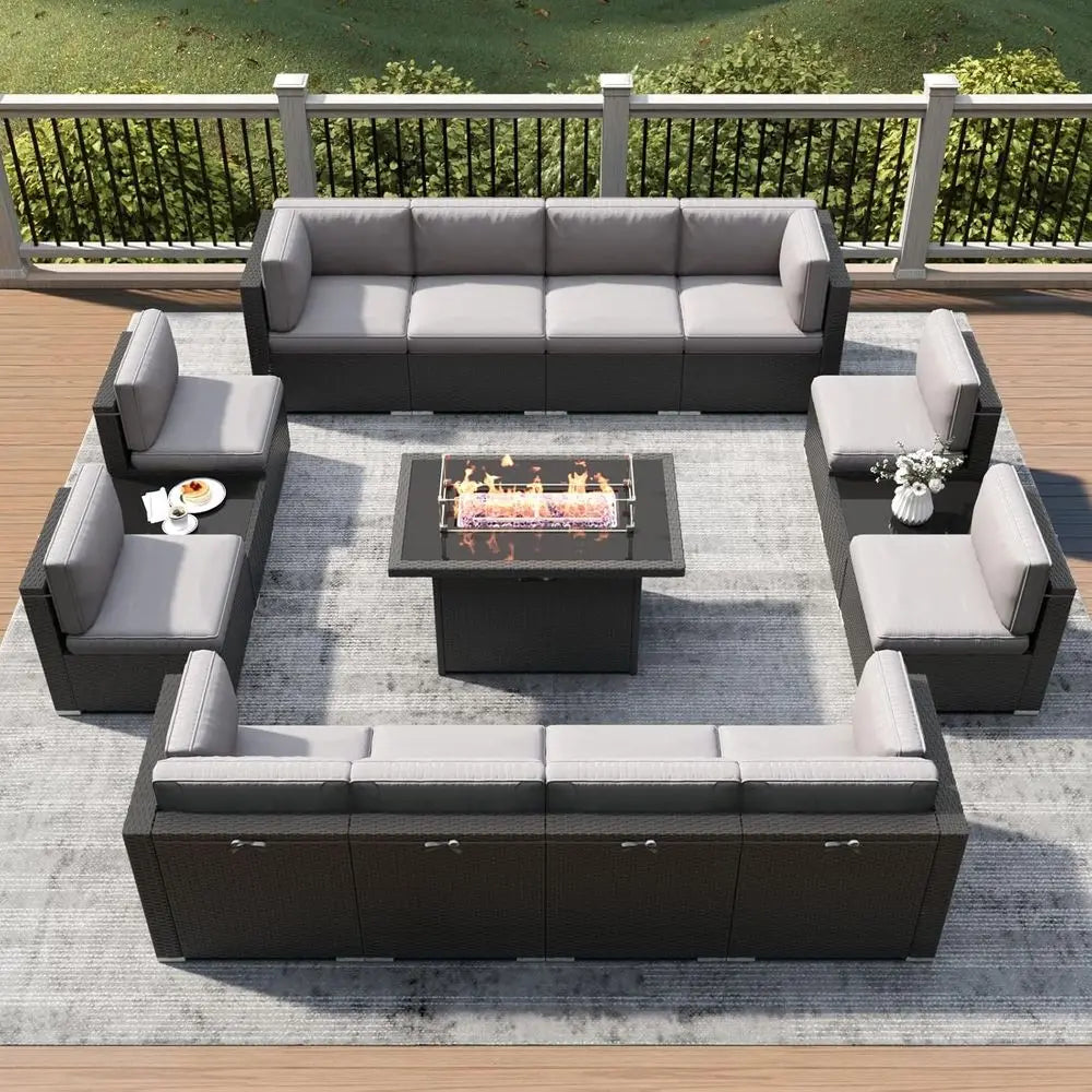 Outdoor Patio Furniture Set With Fire Pit Wicker Rattan Sofa