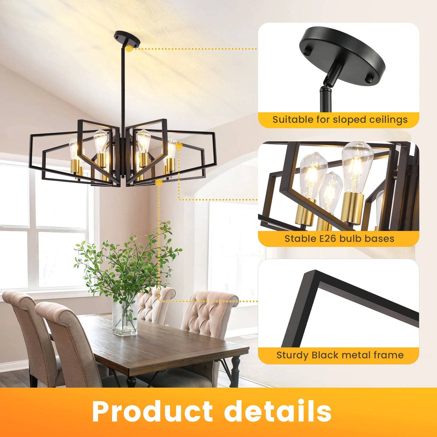 Modern 8 Light Geometric Chandelier With Adjustable Height Iron Pendant