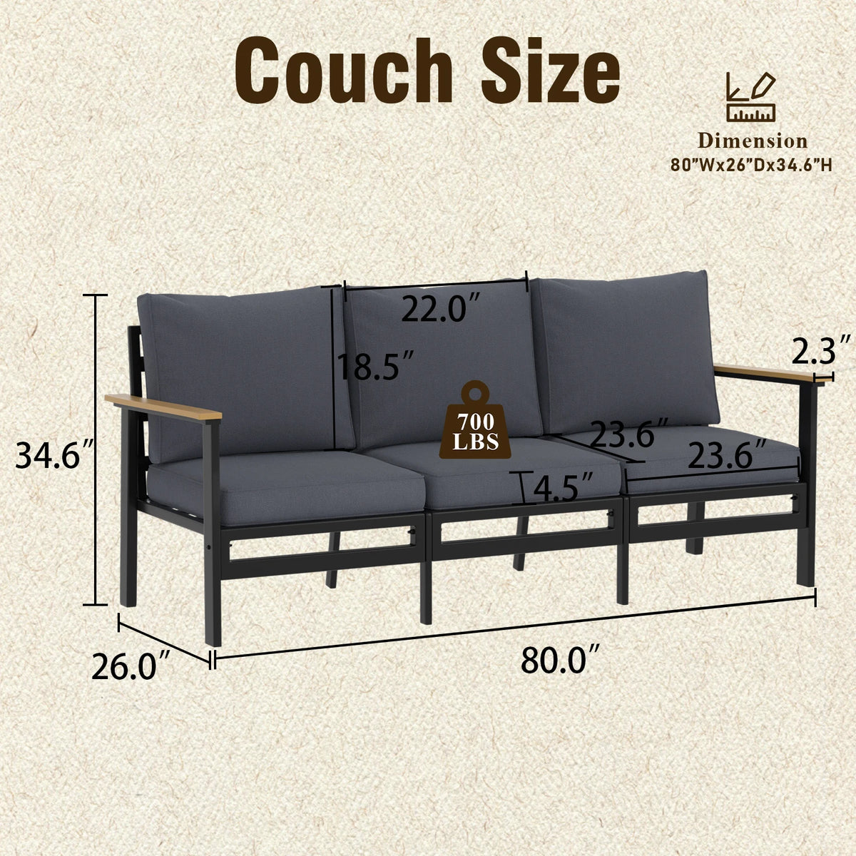 Avenvista Modern Metal Outdoor Patio Sofa With Armrests