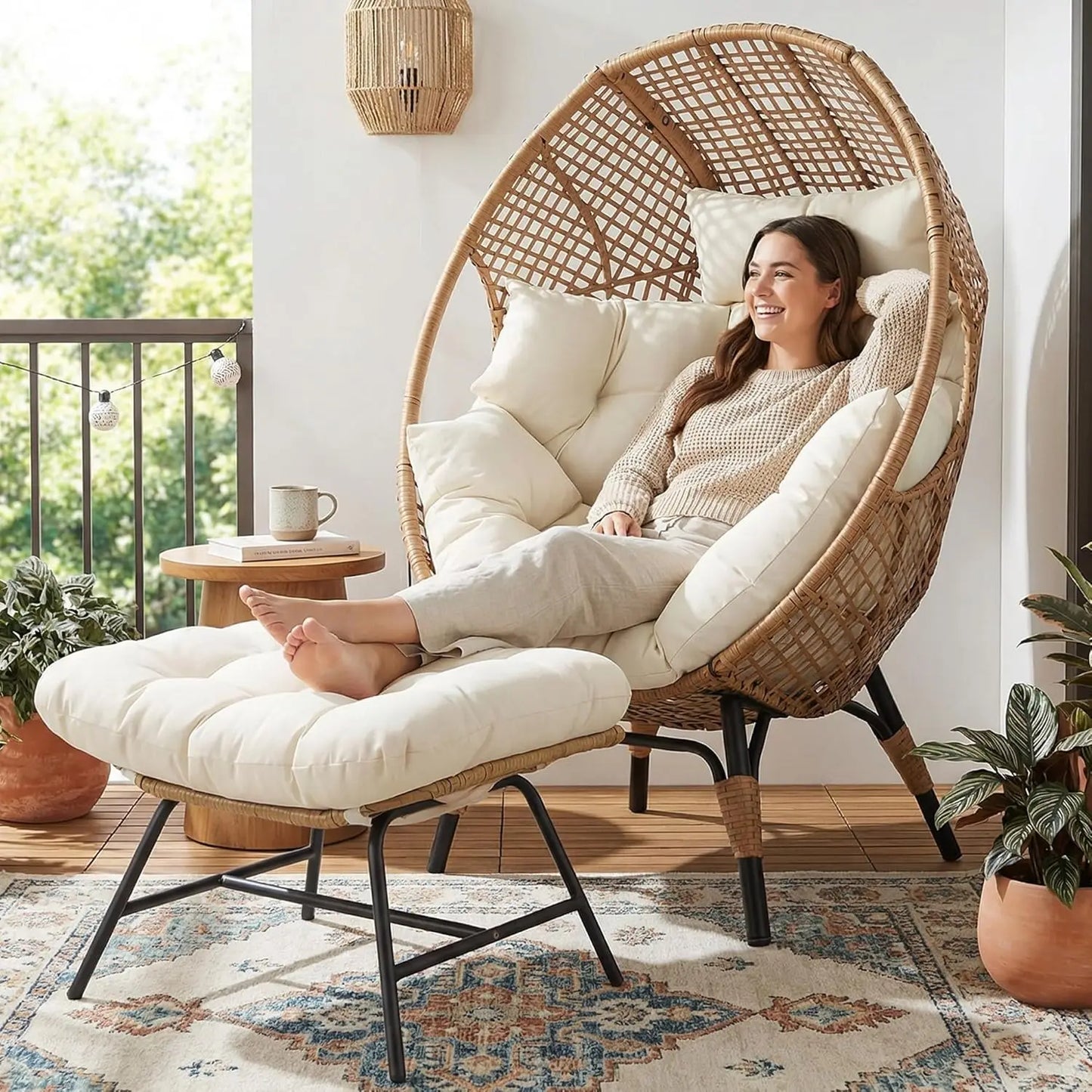 Rattan Egg Chair With Ottoman For Indoor Outdoor Use