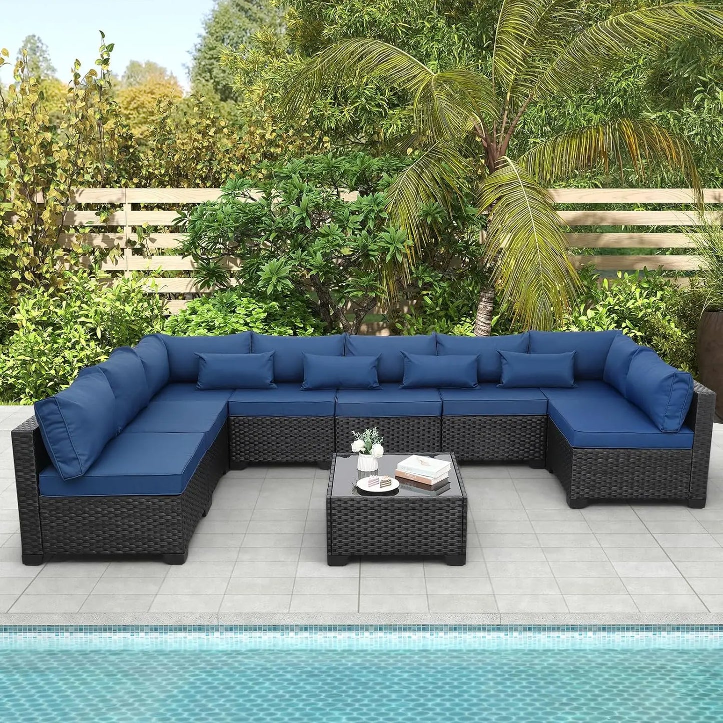 XIAOLANG Outdoor Sectional Wicker Patio Set With Glass Table