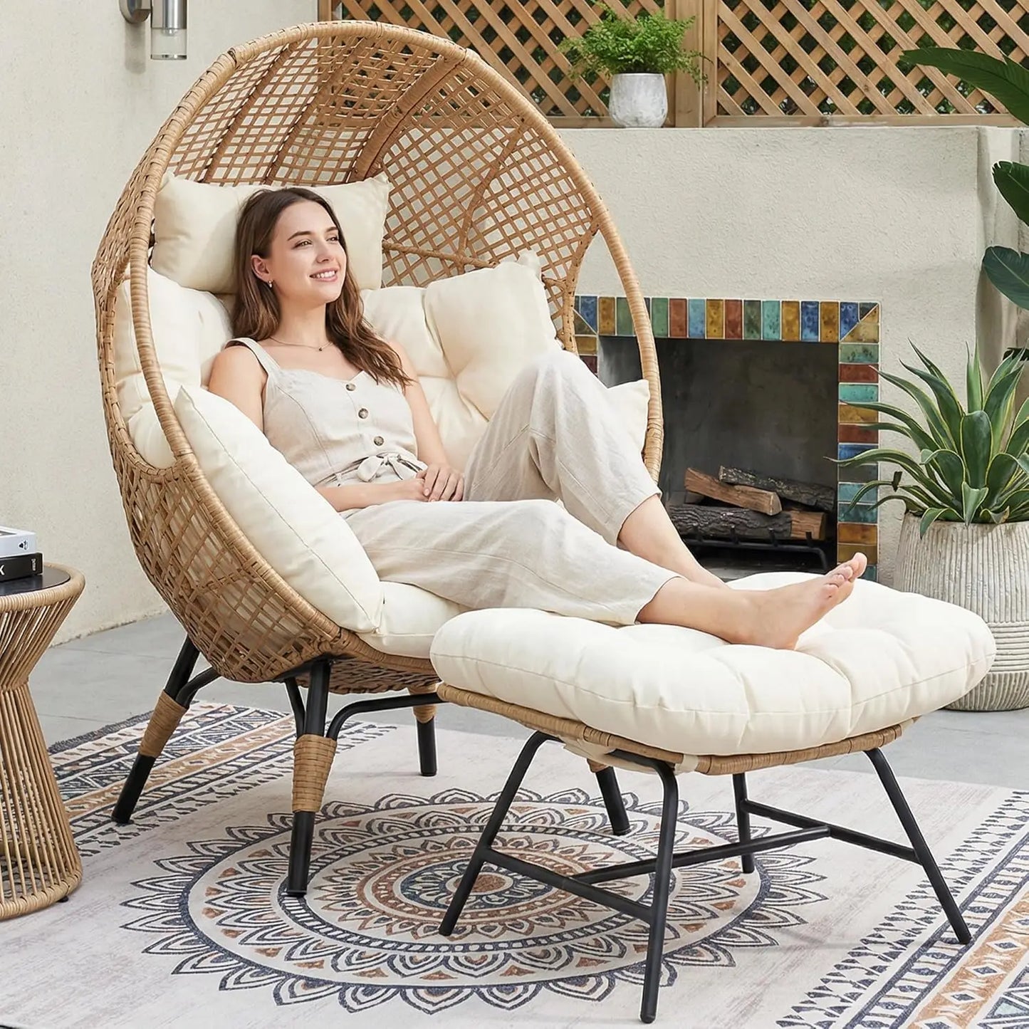 Rattan Egg Chair With Ottoman For Indoor Outdoor Use